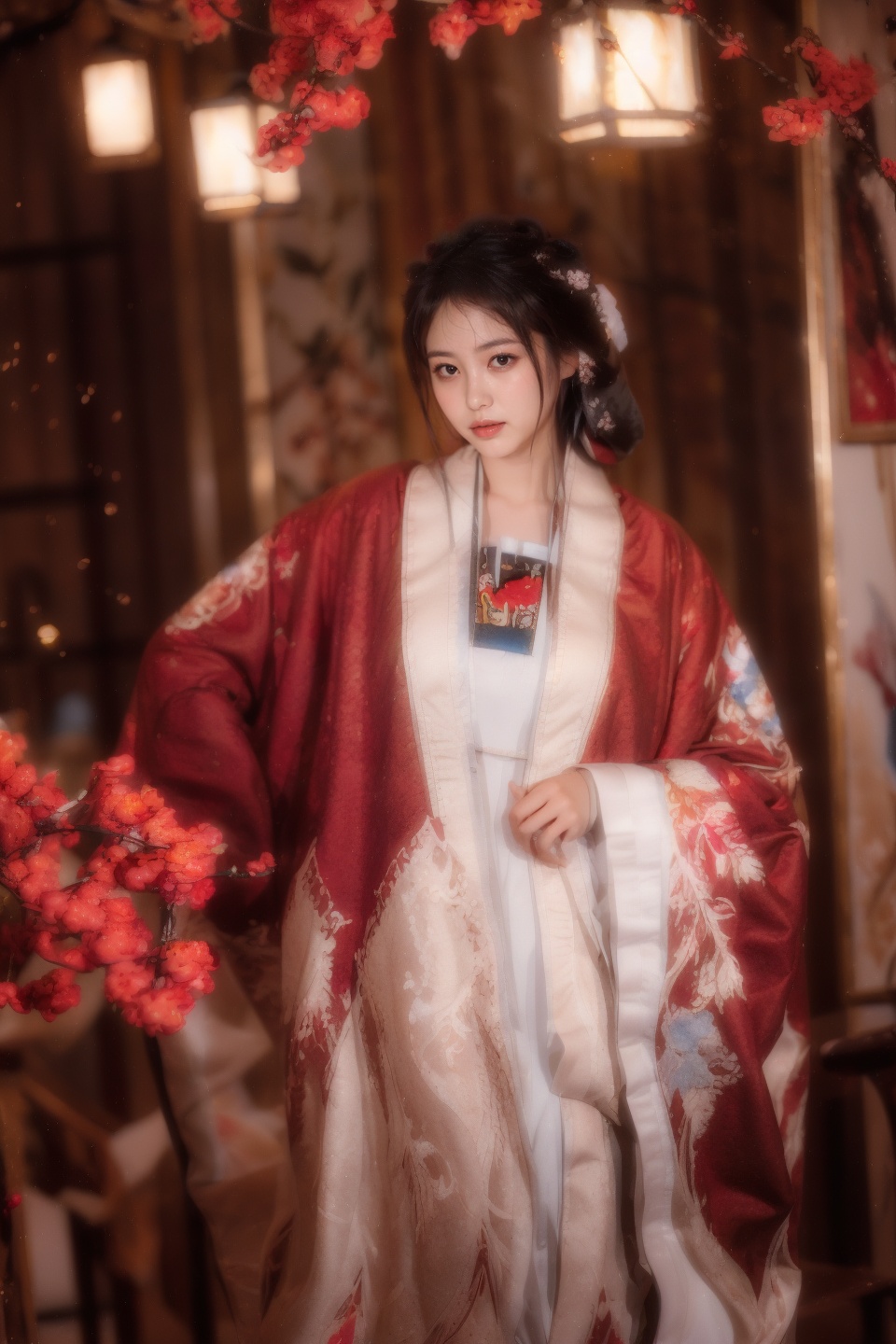 masterpiece,best quality,ultra high res,<lora:aw13xin_lora:1>,chinese clothes,hanfu,<lora:13honghanfu:1>,1girl,looking at viewer,gigantic_breasts,yosshi film,Watercolor painting,lily patterns,white and light pink colors,layered flower shapes,delicate leaves and branches,spacious composition,Eastern and Western fusion,artistic elegance,