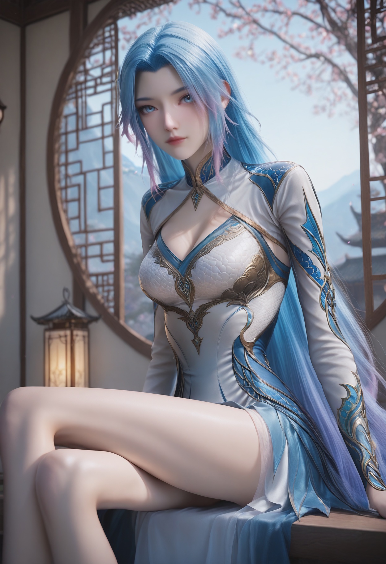 Wang_qiuer,1girl,solo,blue hair,multicolored hair,blue eyes,gradient hair,looking at viewer,very long hair,<lora:Wang_qiuer_10_illu-000006:0.75>,dress,clothing cutout,white dress,cleavage cutout,blue dress,photorealistic,hyperrealistic,<lora:realistic filter [IL]:1>,looking at viewer,sitting,(thin legs,very thin thighs,slim thighs,skinny,slender thighs:1.2),lantern,open window,looking at viewer,indoors,mountains,blossoms,flowers,east asian architecture,beautiful sunrise,warm ambient temperature,