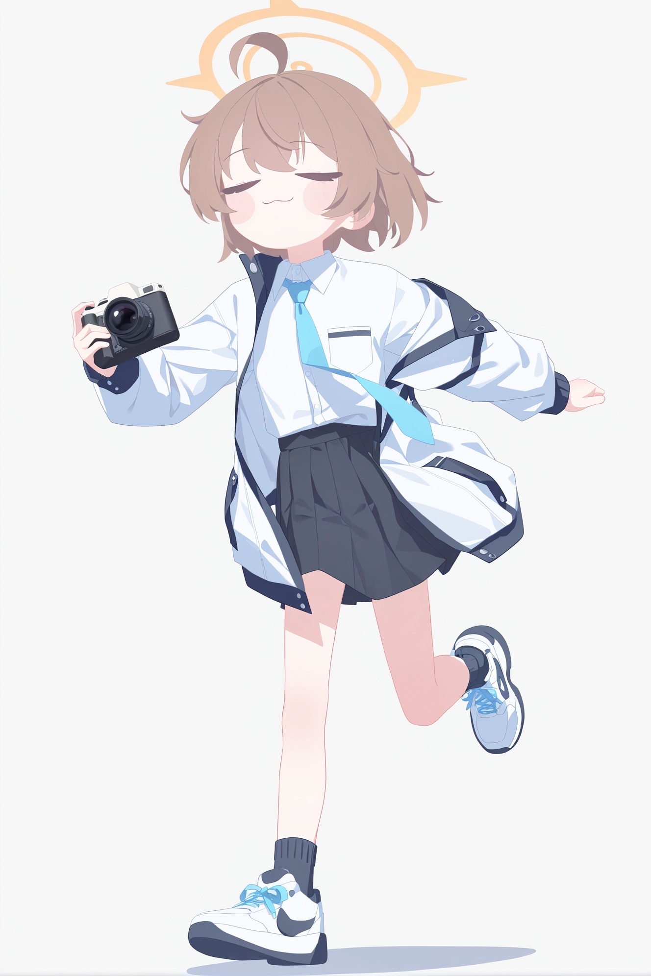 ƎWꓤOꓞWI,(masterpiece,best quality,highres,absurdres,best quality,amazing quality,very aesthetic,absurdres),1girl, skirt, necktie, blue necktie, solo, closed eyes, shirt, socks, ahoge, shoes, black skirt, white jacket, pleated skirt, long sleeves, jacket, black socks, :3, white shirt, brown hair, full body, white footwear, open clothes, simple background, open jacket, white background, standing on one leg, closed mouth, holding, collared shirt, standing, smile, puffy long sleeves, running, short hair, sneakers, camera,no pupils,