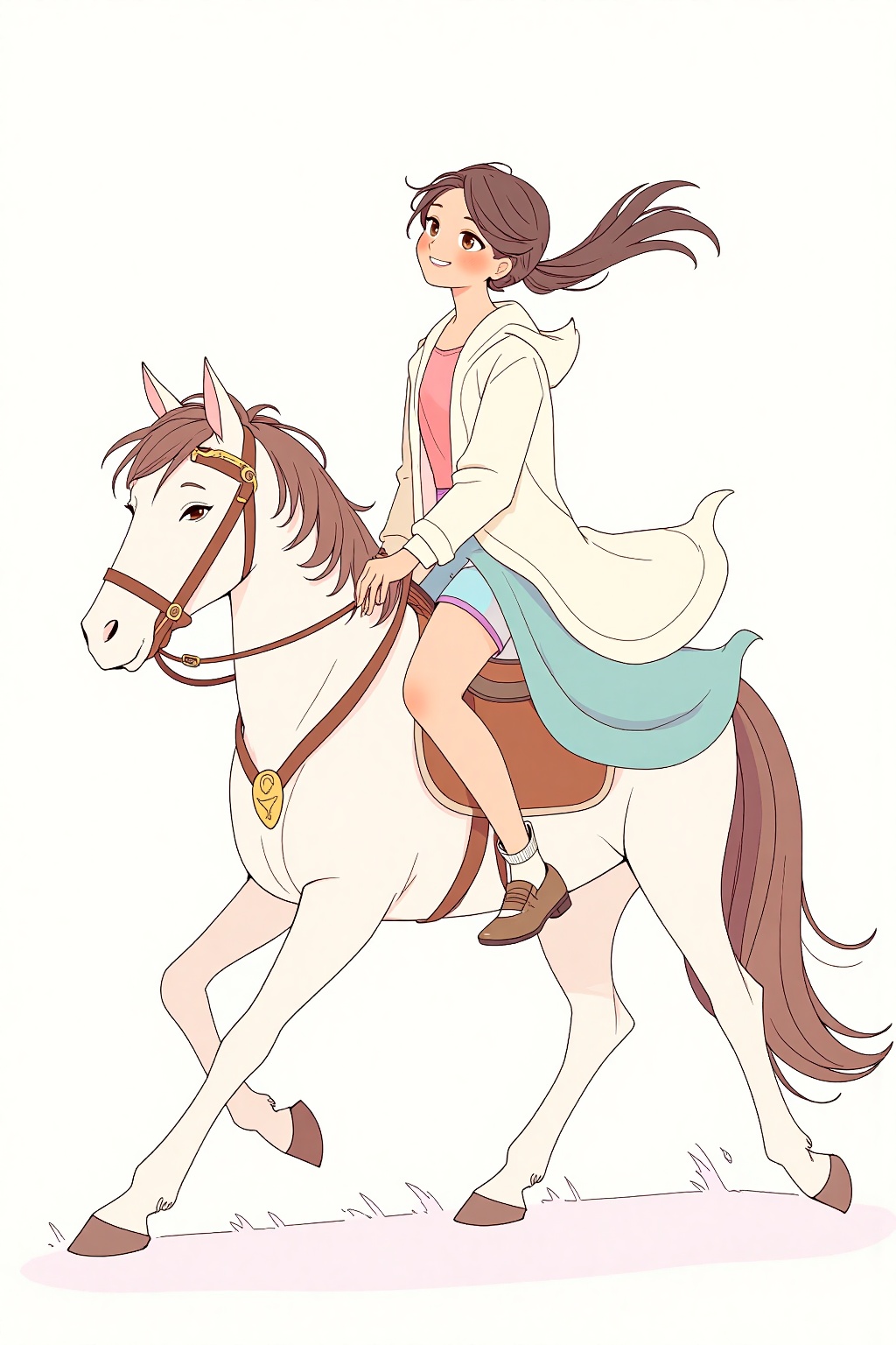 beijihui,A cartoon drawing of a woman riding a white horse. The woman has long brown hair that is pulled back in a ponytail. She is wearing a white jacket and a blue skirt. The horse has a brown bridle on it's head. There is a white background behind the horse and the horse.