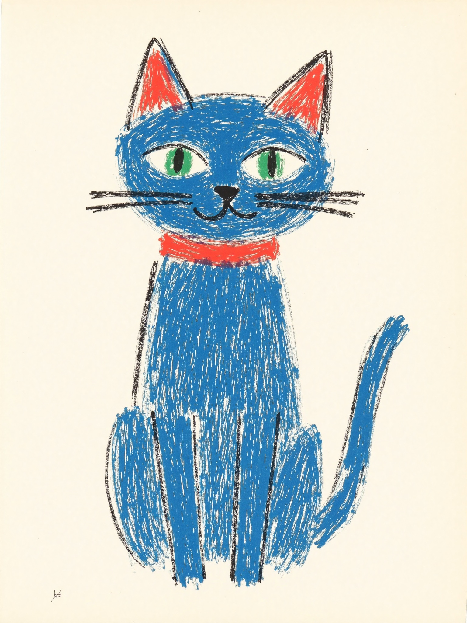 A blue cat with green eyes and a red collar,drawn in the style of Henri Matisse,with a white background,in a simple drawing style typical of children's book illustrations. The drawing features simple lines,simple colors,and minimal details,with a minimalist,colorful,and crayon-textured,hand-drawn aesthetic. The overall style can be described as "crayolacore" - a simple,colorful,and minimalistic approach to drawing,with simple line drawings and simple shapes.,
