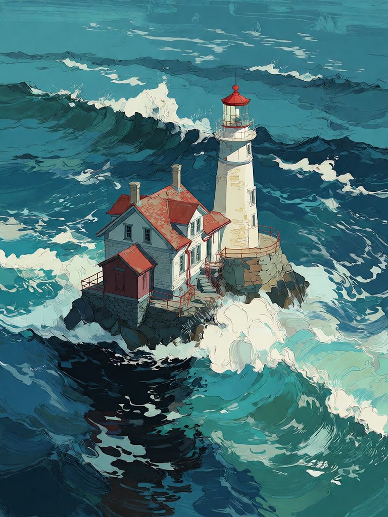 Bradhamel art style.**** Aerial view of a small white lighthouse with a red roof and attached keeper’s house,  perched on...