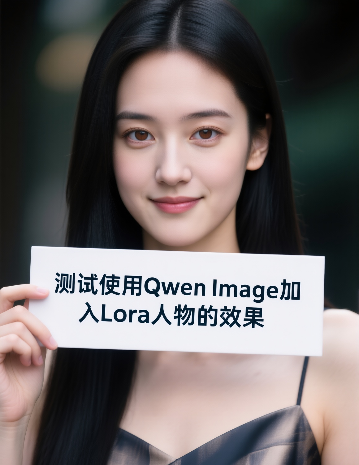HDR photo of cinematic film still instagram photo,closeup face photo of 20 y.o,brown eyes,pale skin,smirk,black long straight hair,elegant dress,holding a sign with text "测试使用Qwen Image加入Lora人物的效果",, Negative prompt: ,nsfw, Steps: 20, Sampler: Euler, CFG scale: 4.0, Seed: 1168710681, Size: 1165x1504, Model hash: 98763a1277, Model: Qwen-Image_1.0.safetensors, Denoising strength: 0, RNG: CPU, Lora 1: 20250910_TinQwenImageGirl, Lora Hash 1: 9392a2ca14, Lora Weight 1: 1.0, vae_name: automatic
