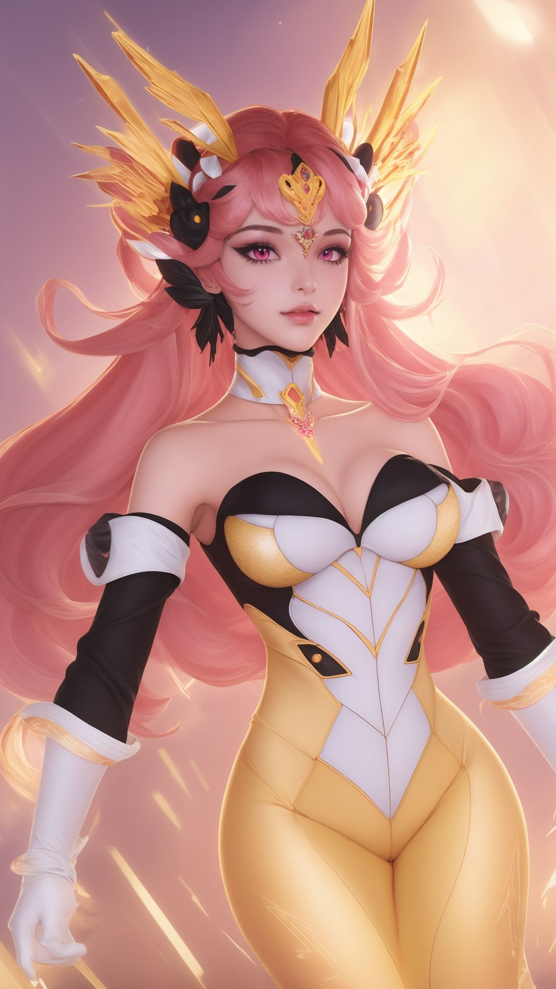 (1girl),smooth chin,masterpiece,detailed face,((hair ornament:1.6)),top quality,4k,make up,best quality,(detached sleeves),(medium breasts),blush,body blush,<lora:王者虞姬无限倾慕_v1.0:0.9>,(full body,long legs),black gloves,full bvody highleg leotard,yellow pants,white see-through sleeves,white mixed black edge clothes,(white bra),pink eyes,bare shoulders,headgear,
