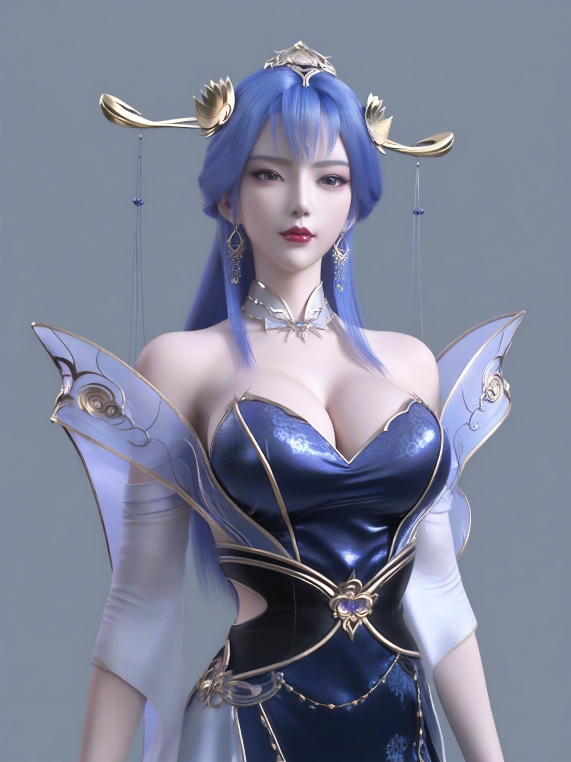 score_9,1girl,solo,dress,long hair,standing,earrings,hair ornament,blue hair, eyelashes, large breasts,bare shoulders,standing,lipstick,upper body,looking at viewer,simple background,<lora:SF_TianQiong_Pony_Realism2.3-000004:0.7>,