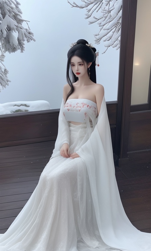 1girl,hanfu,(wide_shot:1.3),medium breasts,Nice clothes,strapless clothes,hanfu,in the outdoor,the snow is falling,enjoy the snow,sideways,<lora:shou-v50:0.7>,<lora:daqipiaoyihanfu:0.5>,<lora:babi:0.7>,, (8k, RAW photo, best quality, masterpiece:1.2),(realistic, photo-realistic:1.3), ultra-detailed, extremely detailed cg 8k wallpaper,(crystalstexture skin:1.2), (extremely delicate and beautiful), (perfect hands, perfect anatomy:1.2),