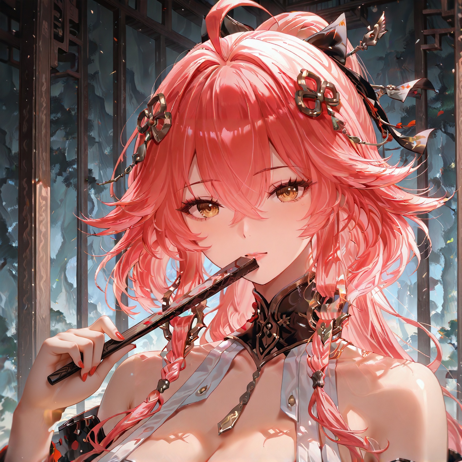 <lora:tanXL:1>,folding_fan,fan,holding fan,holding,holding fan,solo,open folding fan,the fan blocks half of the face,upper body,<lora:长离长离:1>,changli,1 woman,yujie,long hair,bangs,hair ornament,hair between eyes,yellow eyes,pink hair,ahoge,red hair,