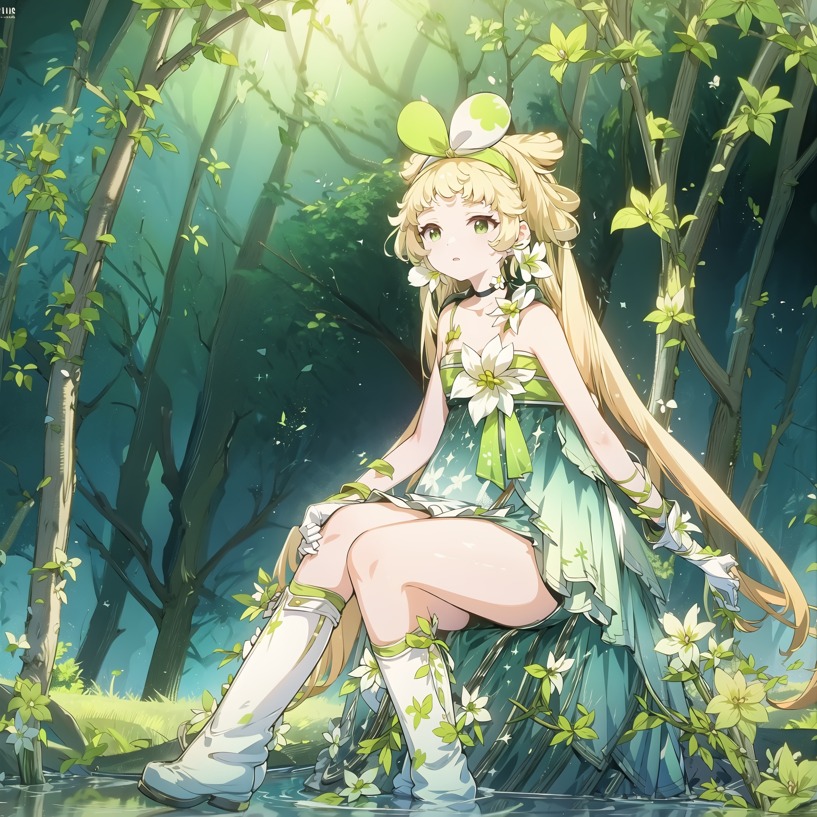 weilinai ，In the forest, by the stream, sitting on a rock.<lora:维里奈:1>, (masterpiece),best quality,highly detailed,extremely detailed CG unity 8k wallpaper,illustration,highres,absurdres,beautiful detailed hair,shiny skin,