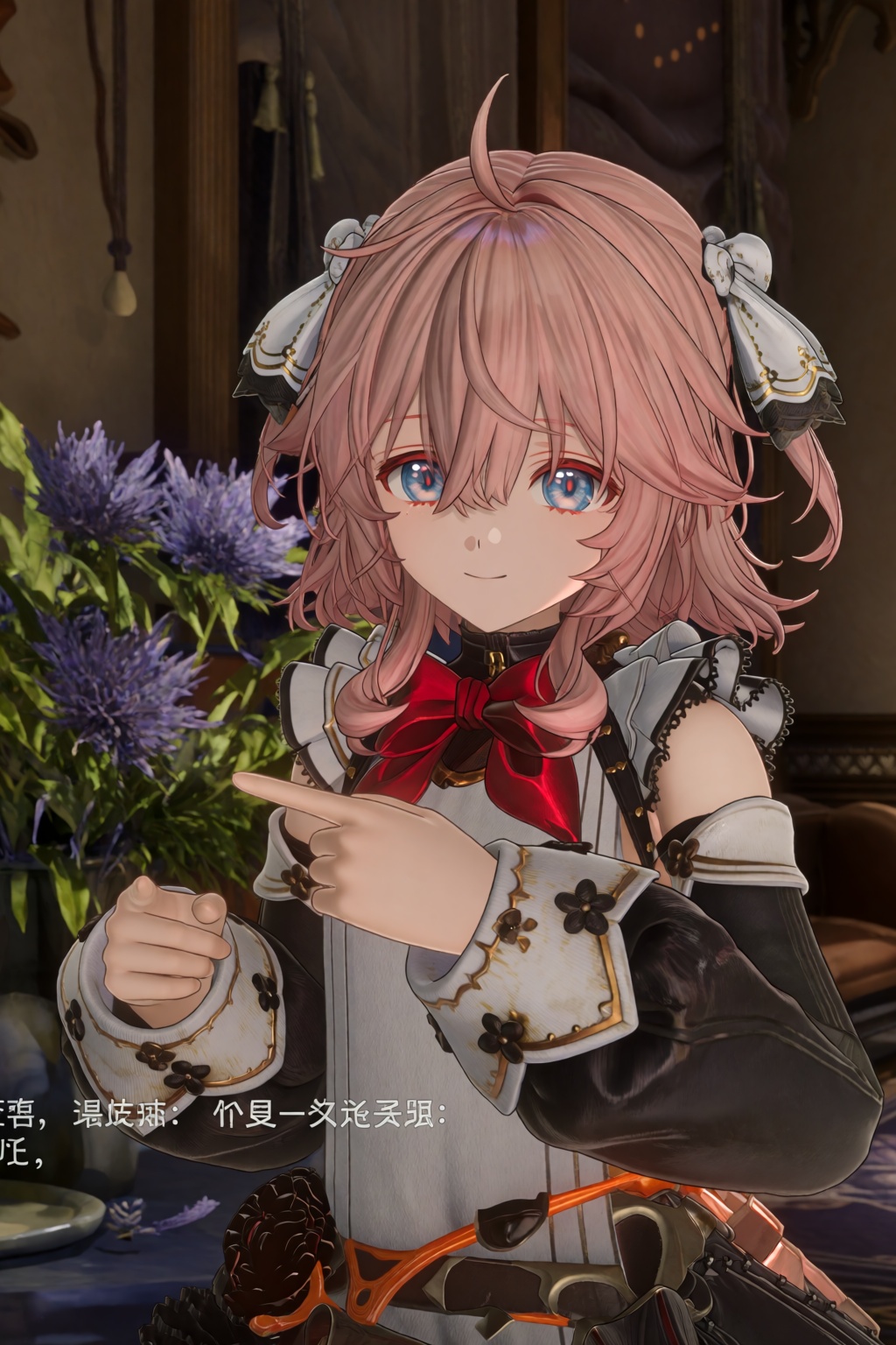 A medium close-up of a character with pink hair,  blue eyes,  and white hair bows on Tensor.Art
