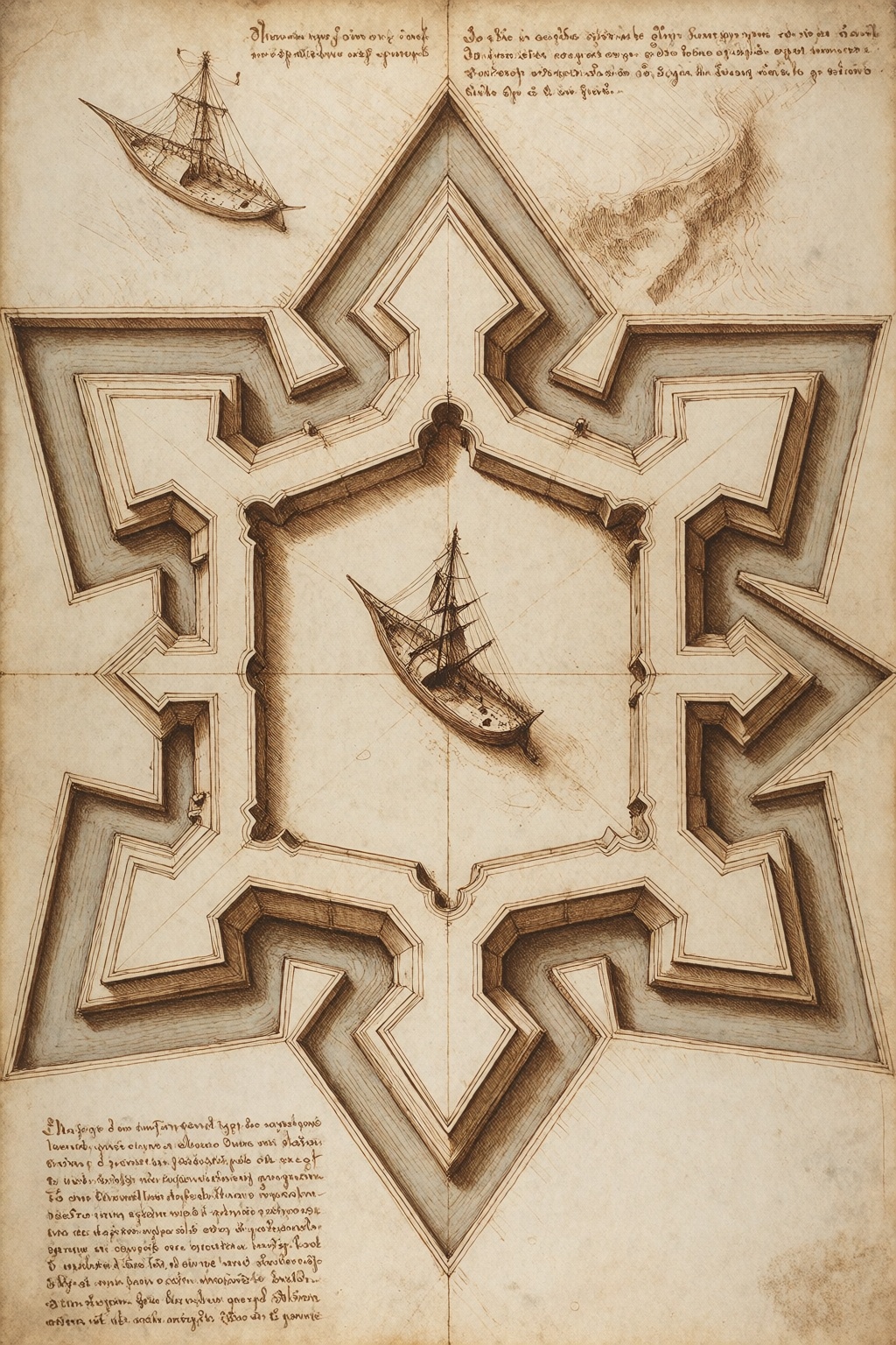 Leonardo da Vinci style,  a fortification design with bastions and moats,  sepia ink drawing with architectural precision...