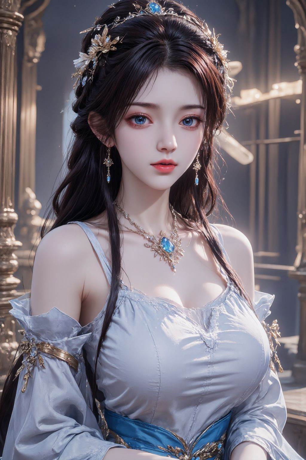 <lora:AgainAnimeGirlF1Lora10_v2:1>, 1girl, solo, long hair, breasts, looking at viewer, black hair, dress, cleavage, bare shoulders, jewelry, upper body, braid, earrings, necklace, blue dress