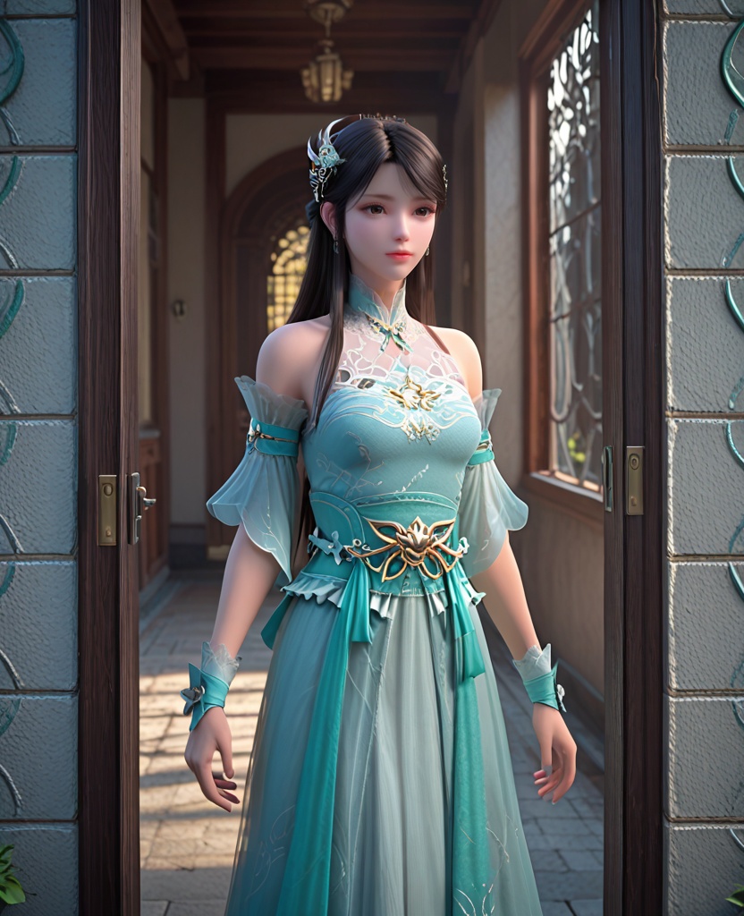 (oriental architecture, elegant decor, sophisticated style:1.1),(Standing in a doorway, half in shadow, half in light, creating a mysterious mood,:1.1),(breasts:1.2),<lora:XL斗破苍穹箫薰儿绿衣:0.95>,miss xuner,aqua dress,see-through fart curtain with white petticoat underneath,brown eyes,black hair,long hair,sash,hair ornament,detached see-through sleeves,earrings,jewelry,bare shoulders,wrist cuffs,, score_9,score_8_up,score_7_up,score_6_up,score_5_up,score_4_up,3d rendering,tag1,tag2, Cinematic Lighting,backlighting,
