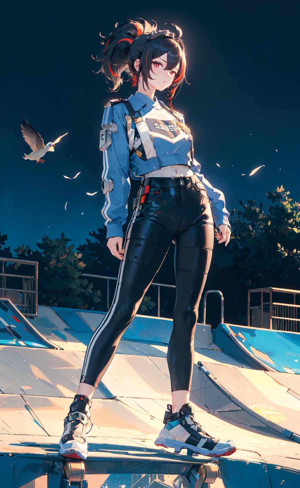 <lora:zhuyuan (20):0.8>,ZhuYuan CYQL,1girl,looking at viewer,solo,long hair,ponytail,ahoge,hair between eyes,black hair,red hair,multicolored hair,streaked hair,red eyes,breasts,((Cropped_sweater:1.4),(Mom_jeans:1.3),(Chunky_sneakers:1.2),(Skate_park_background:1.4):1.3),(expressionless:1.2),(profile:1.1),from_above,Coastline, Cliffs, Wind, Waves, Rocks, Dramatic, Serenity, Seagulls,beautiful detailed sky,beautiful detailed glow,posing in front of a colorful and dynamic background,masterpiece,best quality,beautiful and aesthetic,contrapposto,female focus,wallpaper,