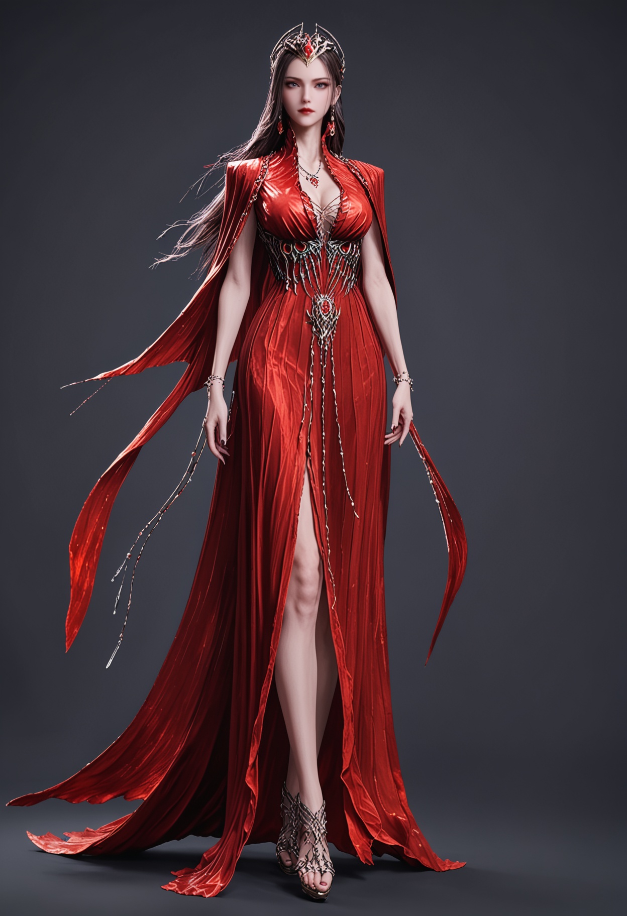 score_9,looking_at_viewer,(large breasts:0.8),yexishui,1girl,solo,long hair,jewelry,red dress,dress,brown hair,closed mouth,realistic,hair ornament,earrings,cape,grey eyes,necklace,bracelet,red lips,high heels,barefoot sandals \(jewelry\),(simple background,pure black background,black background:1.1),perfect_anatomy,<lora:QQSponyyexishuiV1:0.8>,