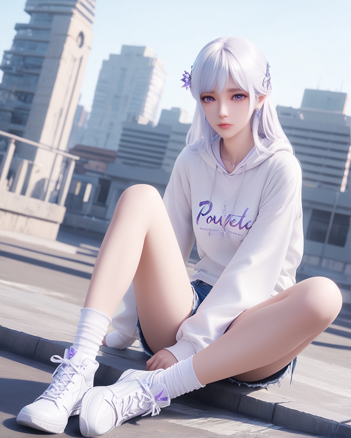 masterpiece,best quality,realistic,cinematic,detail eyes,(ultra-detailed),perfect composition,intricate details,absurdres,detailed face,high quality,high res,8K,,<lora:X_shengcaier_sjjx_IL2.0:0.8>,hair_ornament,1girl,solo,hood,white hair,sitting,long hair,hoodie,shoes,white hoodie,outdoors,white footwear,socks,shorts,looking at viewer,hood down,purple eyes,sneakers,white socks,hand between legs,short shorts,day,dutch angle,long sleeves,blurry,earrings,lips,full body,between legs,building,blurry background,clothes writing,artist name,jewelry,drawstring,denim,denim shorts,