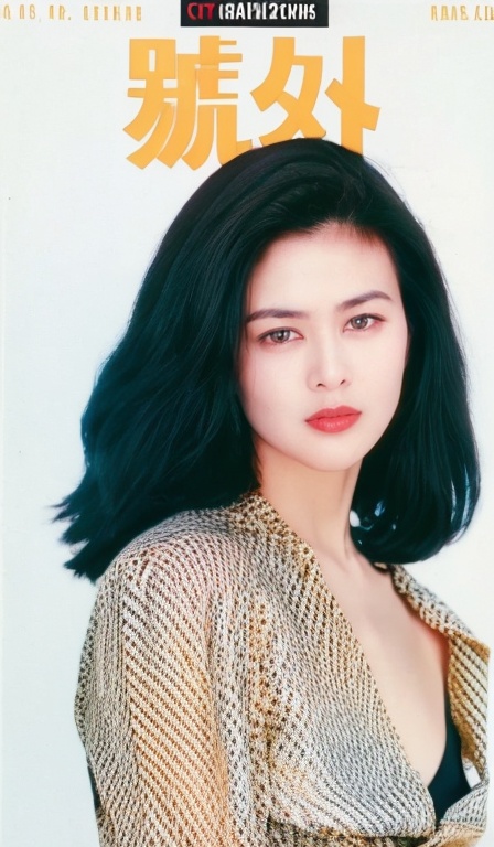 old cover,solo_focus,bracelet,((milf,looking at viewer,arms_down)),portrait,medium hair,black_hair,girl on magazine cover,detailed chinese text,text with Sharp_edges,(cover-style),fashionable,vibrant,outfit,posing,front,colorful,solo,looking at viewer,shirt,((1girl)),formal,dress,suit,Visual impact,A shot with tension,(upper body:1.1),cold attitude,detailed face,perfect eyes,eyelashes,seductive smile,long_hair,floating_hair,bokeh,(film_grain:1.1),<lora:old cover_20240407230701:0.9>,1980s \(style\),dimly lit,low key,<lora:epi_noiseoffset2:1>,<lora:perfect hands:0.7>,guanzhilin,<lora:guanzhilin_chilloutNi_4*50:0.7>,
