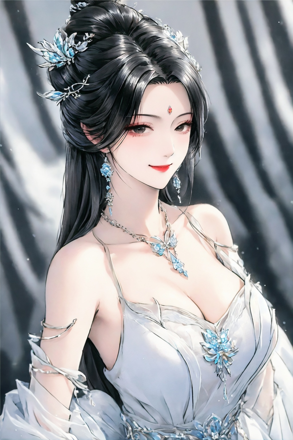 <lora:01古风美女第一版:0.8>,1girl,jewelry,hair ornament,earrings,solo,dress,black hair,upper body,smile,long hair,breasts,bare shoulders,looking at viewer,white dress,necklace,cleavage,blurry background,hair bun,forehead mark,