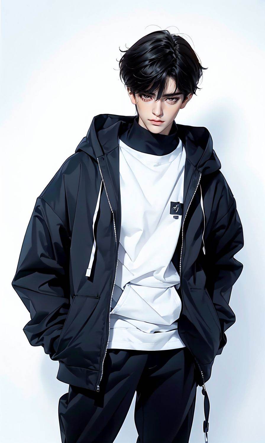 (Masterpiece:1.2), (best quality:1.2), (ultra high resolution:1.2), 1boy, <lora:LovelyDoll3.0:0.65> 1boy, solo, male focus, pants, smile, black pants, shirt, black hair, hood, looking at viewer, jacket, simple background, white shirt, open clothes, hands in pockets, drawstring, hood down, cowboy shot, short hair, black jacket, hoodie, open jacket, brown eyes, standing, hooded jacket, white background, zipper, bangs, long sleeves, grey background
