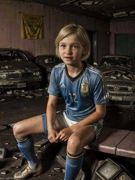 (a photographs of the medium blonde hair 12 year old sarah from the last of us in an Argentina national team soccer jersey...