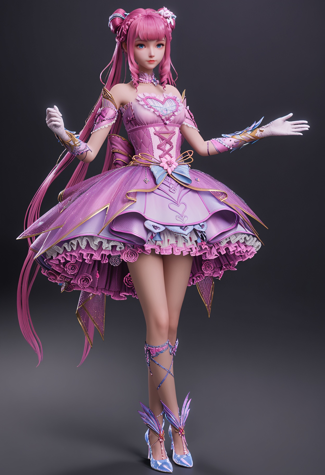 (looking_at_viewer:1.2),cowboy shot,<lora:YQ_pony_chenyinger_V4:0.8>,solo,1girl,q1528437228,long hair,pink hair,hair bun,pink dress,hair ornament,double bun,blue eyes,drill hair,gloves,twintails,bow,choker,twin drills,jewelry,white gloves,blunt bangs,braid,very long hair,high heels,necklace,stuffed animal,simple background,pure black background,black background,