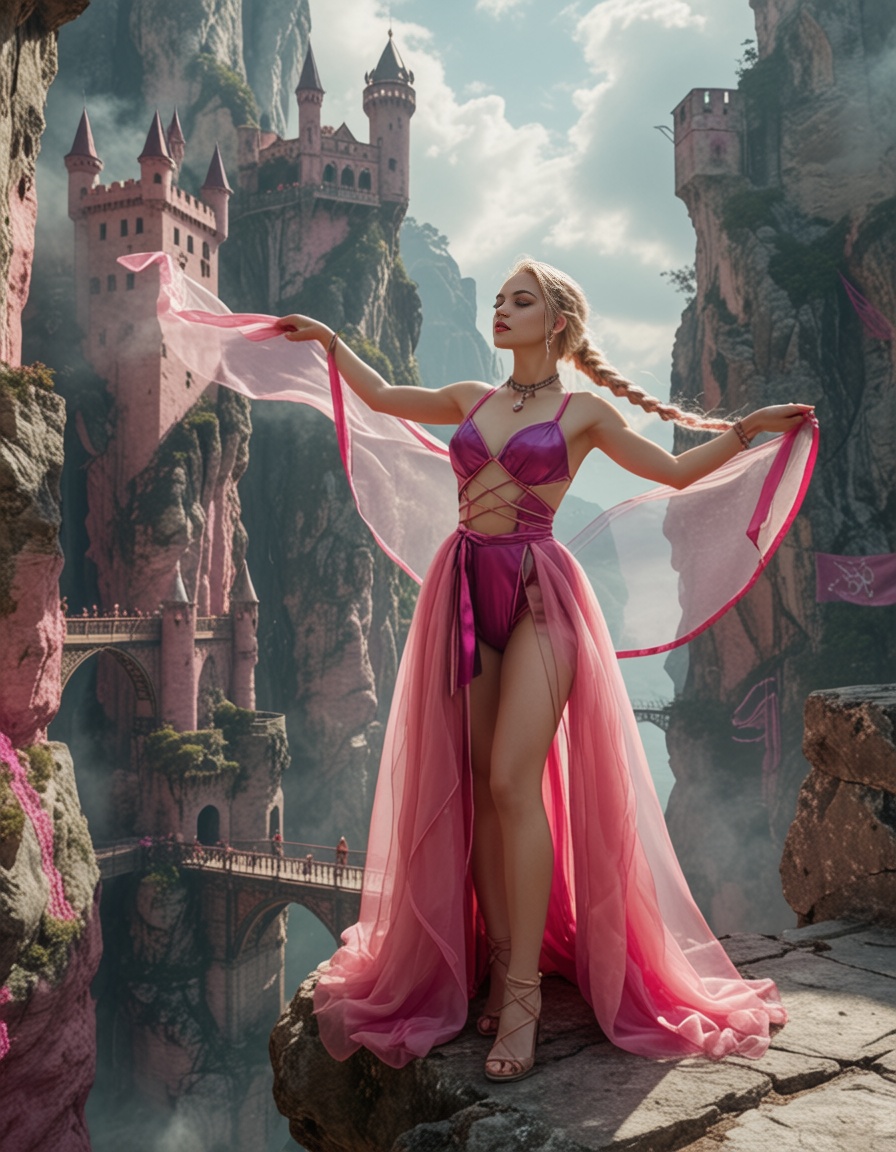 High Fashion,  A young europien woman stands in a towering mountain fortress,  with bridges spanning deep chasms and banne...