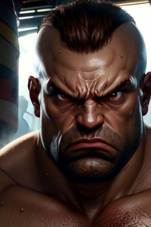 Zangief, brown hair, brown eyes,   mug shot,  face focus,  serious,  underground fight club,   angry,  sweat, (insanely detailed, beautiful detailed face, masterpiece, best quality)solo,  <lora:Zangief:0.8>