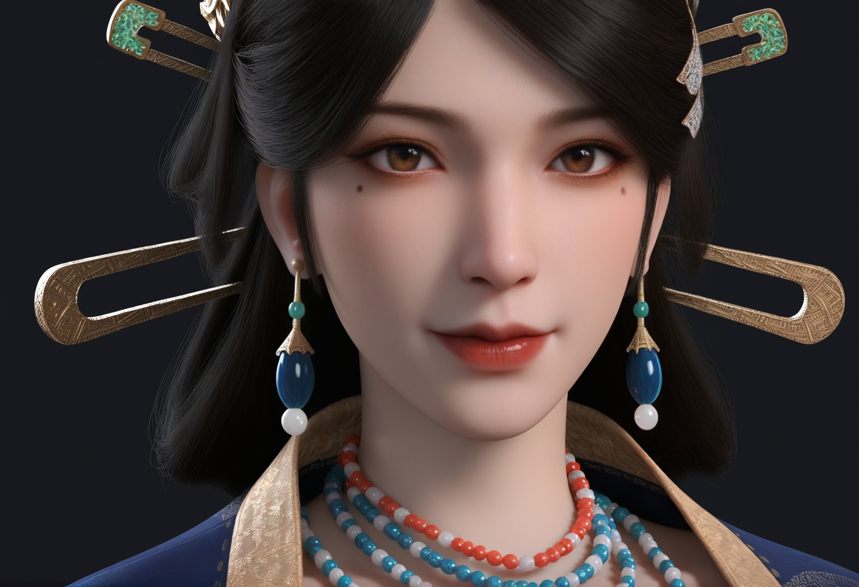 (score_9),portrait,(close-up),solo focus,(eye focus),<lora:温洛玉-apony:0.83>,wengluoyu,solo,1girl,brown eyes,hair stick,black hair,earrings,hair ornament,updo,hair stick,mole under eye,mole,beads,bead necklace,mature_female,collarbone,BREAK<lora:Expressive_H-000001:0.8>,light blush,Expressiveh,looking at viewer,seductive_smile,fair_skin,(pale skin),ultra-detailed skin texture,detailed textures,BREAKsimple background,black background,<lora:e色温:0.25>,4K ultra HD,sharp focus,high detail,high contrast,