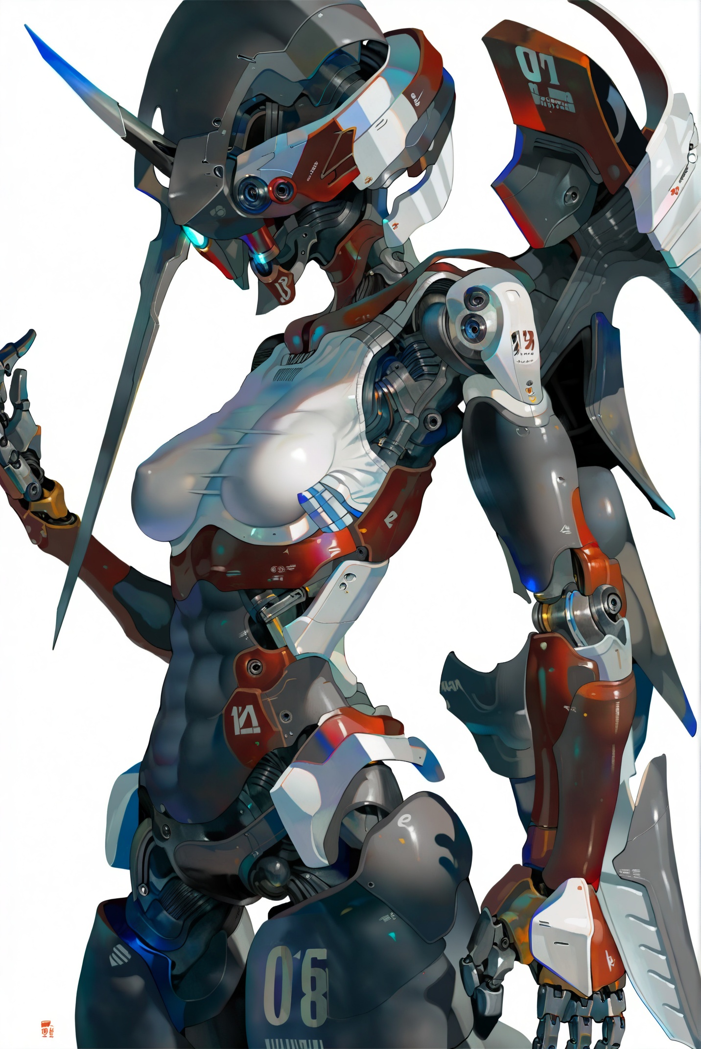 masterpiece,best quality,no humans,artist:yunimaru,artist:esuthio,artist:nanatsuki_sousuke,(artist:wlop:0.5),white background,<lora:jijia-gnoobv-Tanger-000014:0.8>,jijia,2d,anime,1girl,horns,solo,robot,breasts,white background,mecha,medium breasts,science fiction,simple background,robot joints,single horn,standing,weapon,a robot is standing in front of a white background,a robot is dressed in some sort of costume,