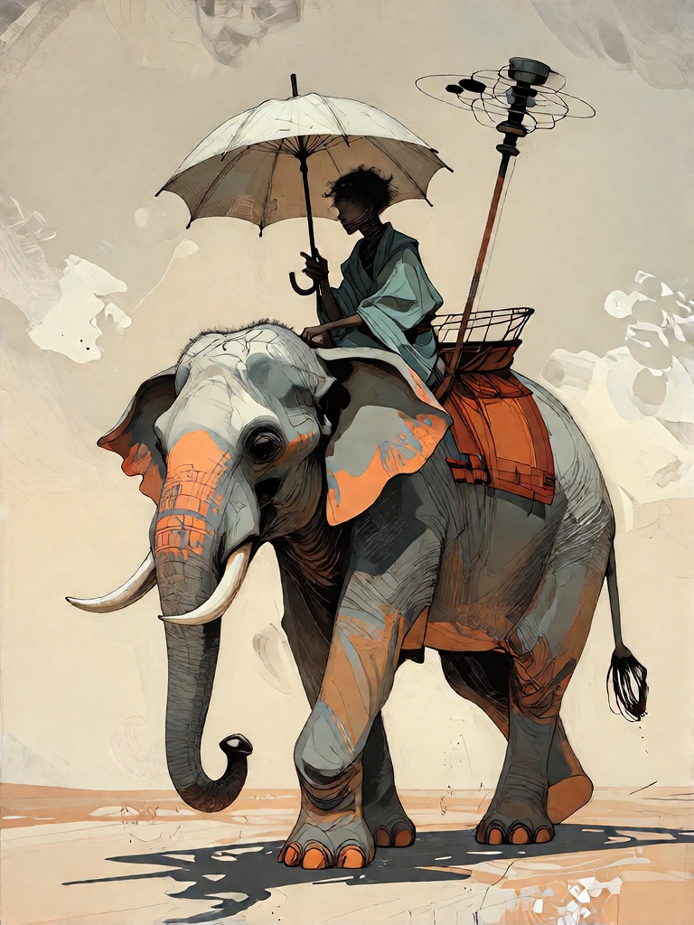 Bradhamel art style. A stylized illustration of a person riding an elephant,  the rider holding a large umbrella over thei...