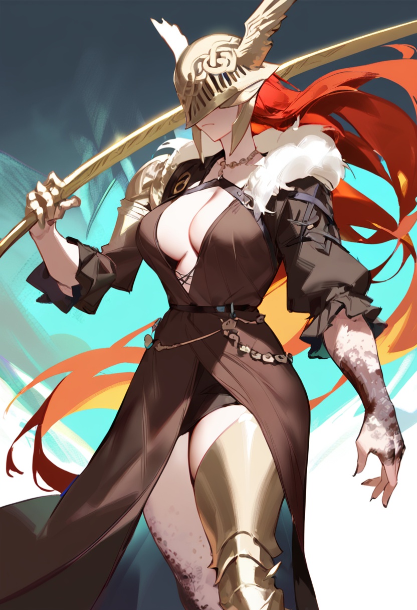 1girl,shiro9jira, ciloranko, ask \(askzy\), (tianliang duohe fangdongye:0.8),leg armor, chainmail, brown dress, scar, white fur trim, golden winged helmet, single mechanical arm, fiery red hair, malenia blade of miquella,breasts, weapon, holding weapon, sword, holding, holding sword, large breasts, closed mouth, cleavage, cowboy shot,masterpiece, best quality, newest, absurdres, safe <lora:nws_v1.2-000015:1>