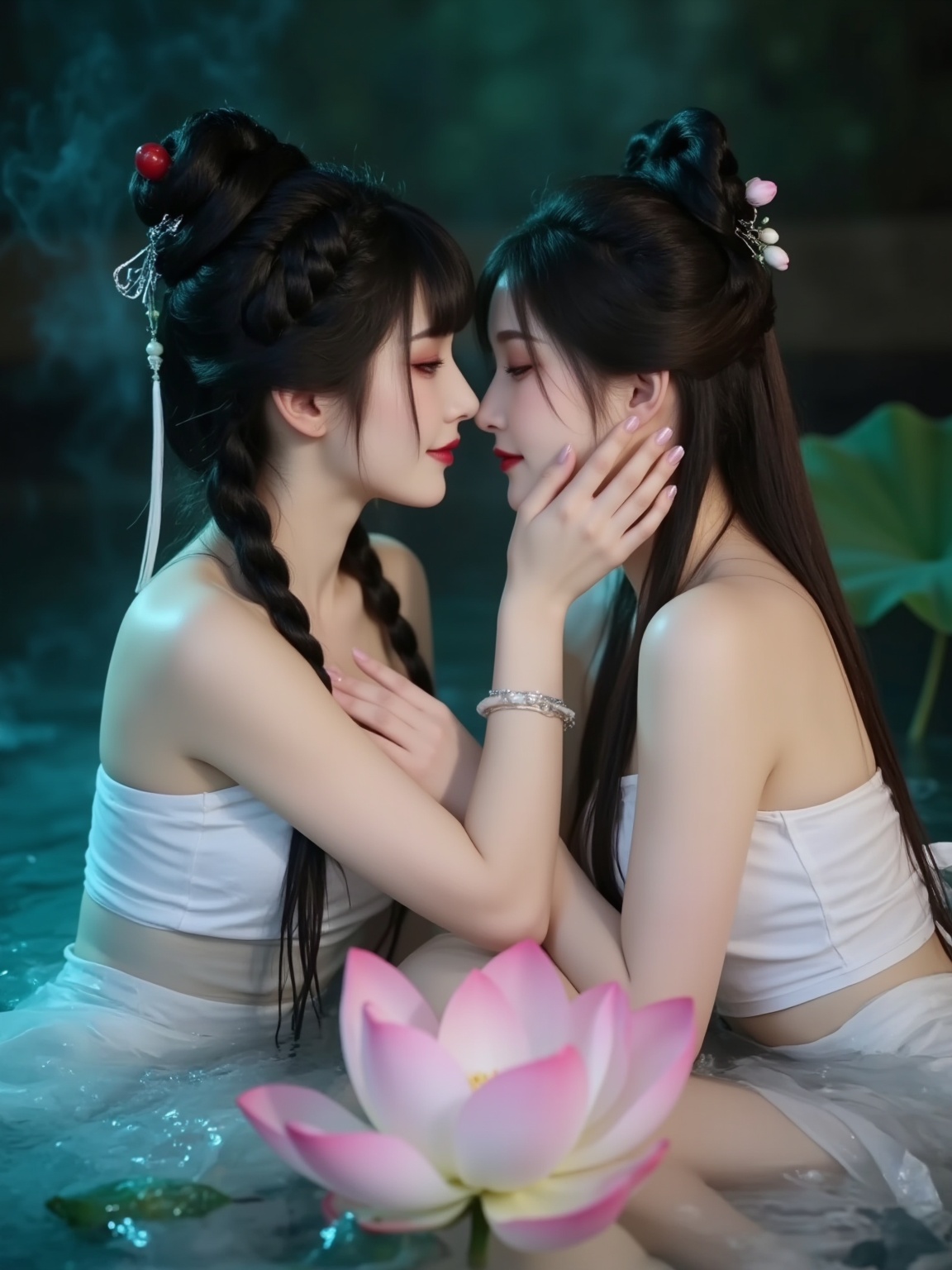 The photograph captures an intimate moment between two young women in a tranquil,serene setting. The women are in a shallow pool of water,their bodies submerged up to their chests. The woman on the left has dark hair styled in intricate braids with a red hair accessory on top,and she is wearing a delicate,traditional Asian dress. She has a light skin tone and a slim physique. The woman on the right has long,dark hair styled similarly,with a flower hairpin on top,and she is wearing a sheer,sleeveless top. She also has a light skin tone and a slender build. Both women are holding hands and gently touching each other's faces,creating a tender,romantic atmosphere. The background is dimly lit with a mix of green and blue hues,enhancing the serene and mystical ambiance. A large,pink lotus flower is positioned in the water near them,adding a touch of elegance and symbolism. The overall composition and lighting create a dreamy,otherworldly feel,emphasizing the intimate and harmonious connection between the two women.,<lora:YY-小青和小白F.1v2:1>,