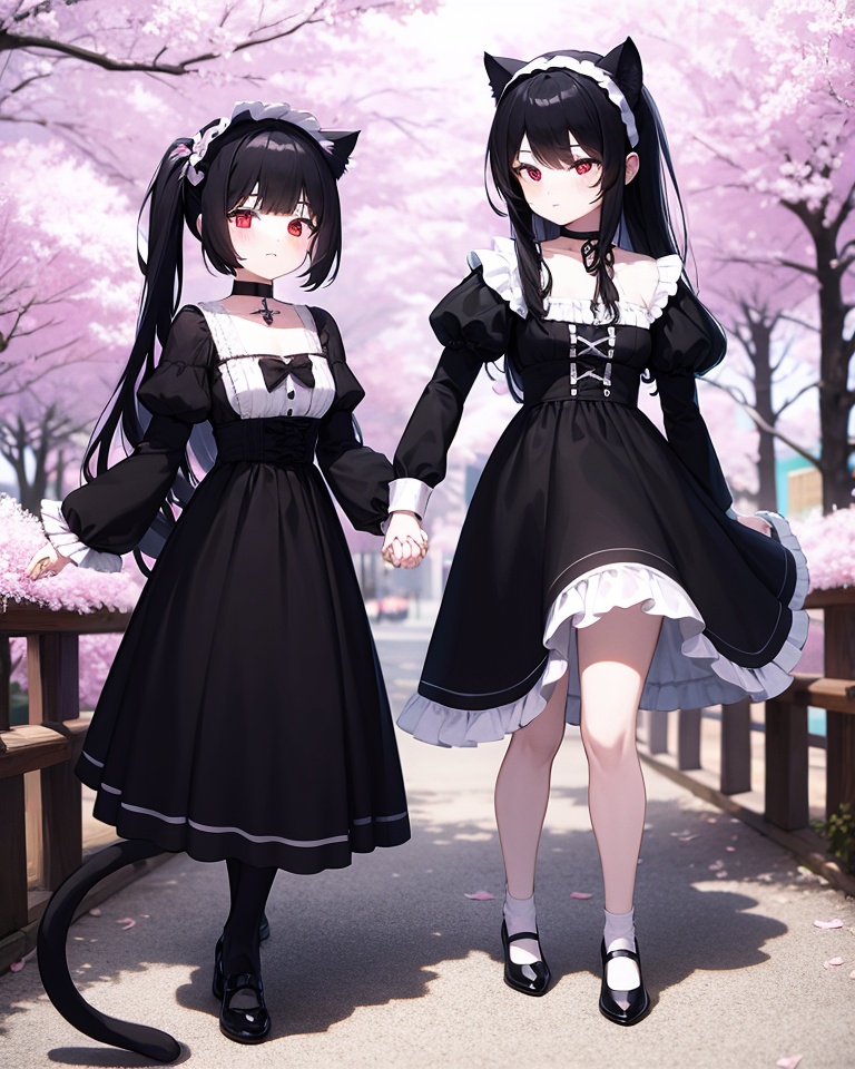 multiple girls, animal ears, 2girls, black hair, dress, tail, long hair, cat ears, cat tail, cherry blossoms, black footwear, black dress, cat, red eyes, cat girl, long sleeves, frills, outdoors, socks, lolita fashion, frilled dress, mary janes, petals, standing, shoes, closed mouth, white socks, black choker, holding hands, hairband, gothic lolita, choker