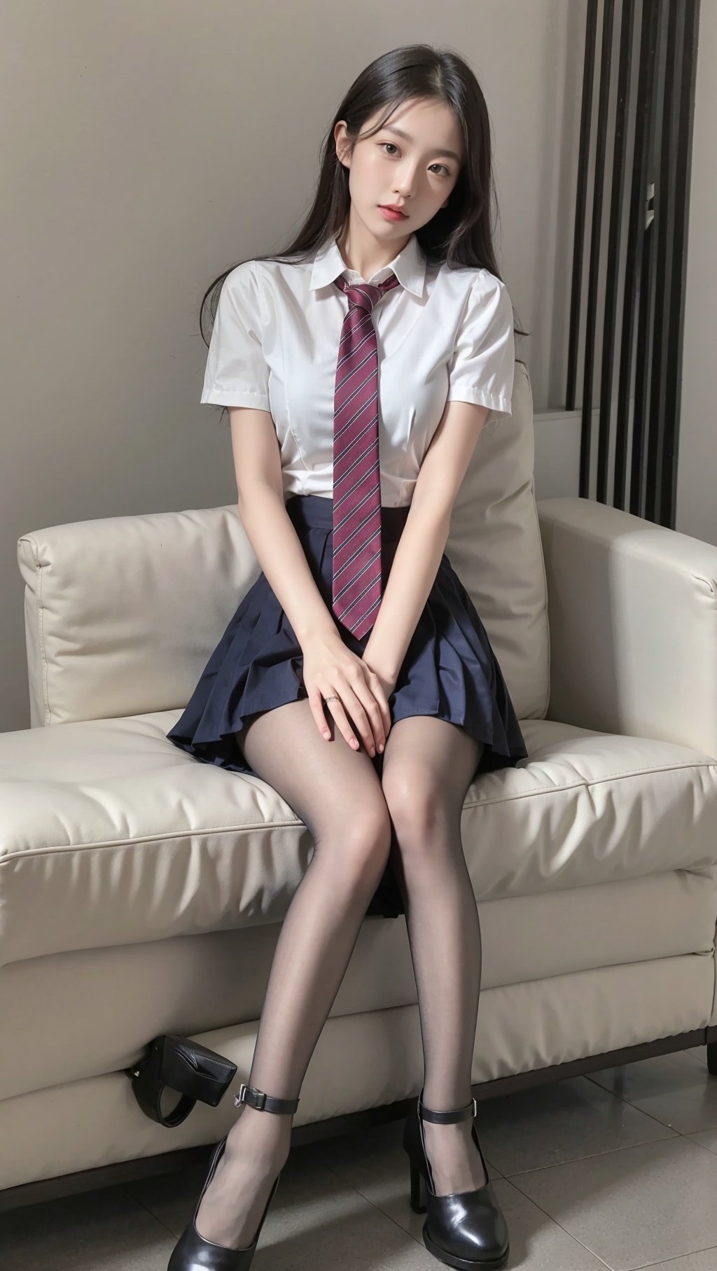 1girl,black pleated skirt, gray shirt,necktie, hands on wait,black legwear, very sexual, sitting on sofa,  <lora:YG学姐的JK:0.75>,