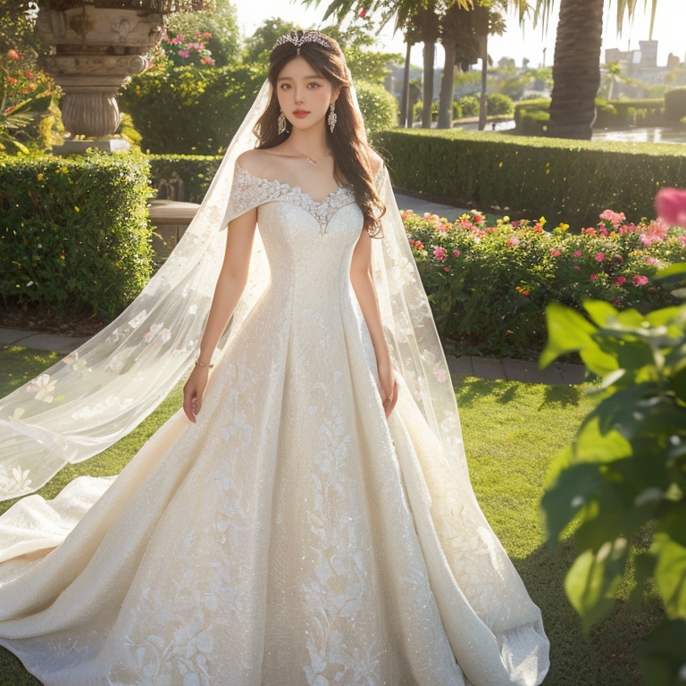 Best Quality,Masterpiece:1.4),(Realism:1.2),(Realisitc:1.2),4K,(photorealistic:1.3),1girl, white wedding dress,long dress,outdoors, flower,  jewelry,print,(Long Wavy Hair),hunsha,veil,Earrings,Jewelry,Tindal Light,  <lora:YG梦中婚纱4:0.7>,