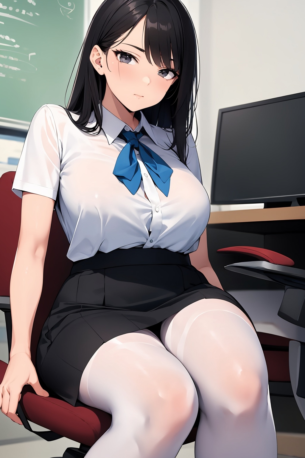 (masterpiece,  best quality),  a young black haired girl office secretary dressed in a transparent white blouse and black...