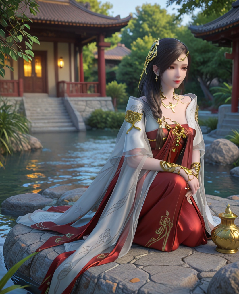 (oriental architecture, elegant decor, sophisticated style:1.1),(Sitting on a rock or boulder, looking peaceful:1.1),(breasts:1.2),<lora:XL雪鹰领主许琴:0.95>,miss xuqin,chest-length ru skirt,black hair,long hair,see-through sleeves,circlet,jewelry,obi,bracelet,brown eyes,hair ornament,braid,lips,, score_9,score_8_up,score_7_up,score_6_up,score_5_up,score_4_up,3d rendering,tag1,tag2, Cinematic Lighting,backlighting,