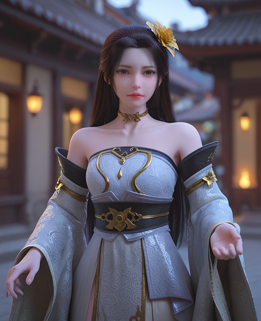 (oriental architecture, elegant decor, sophisticated style:1.1),ironing,(breasts:1.2),<lora:XL完美世界十六公主:0.95>,princess sixteen,solo,strapless dress,detached sleeves,wide sleeves,brown eyes,black hair,long hair,yellow hair flower,yellow heart choker,bare shoulders,sidelocks,lips,sash,white overskirt,pelvic curtain,, zPDXL2, score_9, score_8_up, score_7_up BREAK realistic, masterpiece,best quality, highly detailed,, zPDXL3, zPDXL2,zPDXL, zPDXLxxx, zPDXLrl,