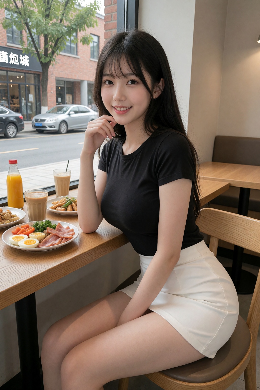 这是一张高分辨率照片,  照片中一位年轻的东亚女性坐在现代咖啡馆或餐厅的木桌旁。她留着一头乌黑亮丽的长直发,  刘海垂在脸颊两侧。她皮肤白皙光滑 on Tensor.Art