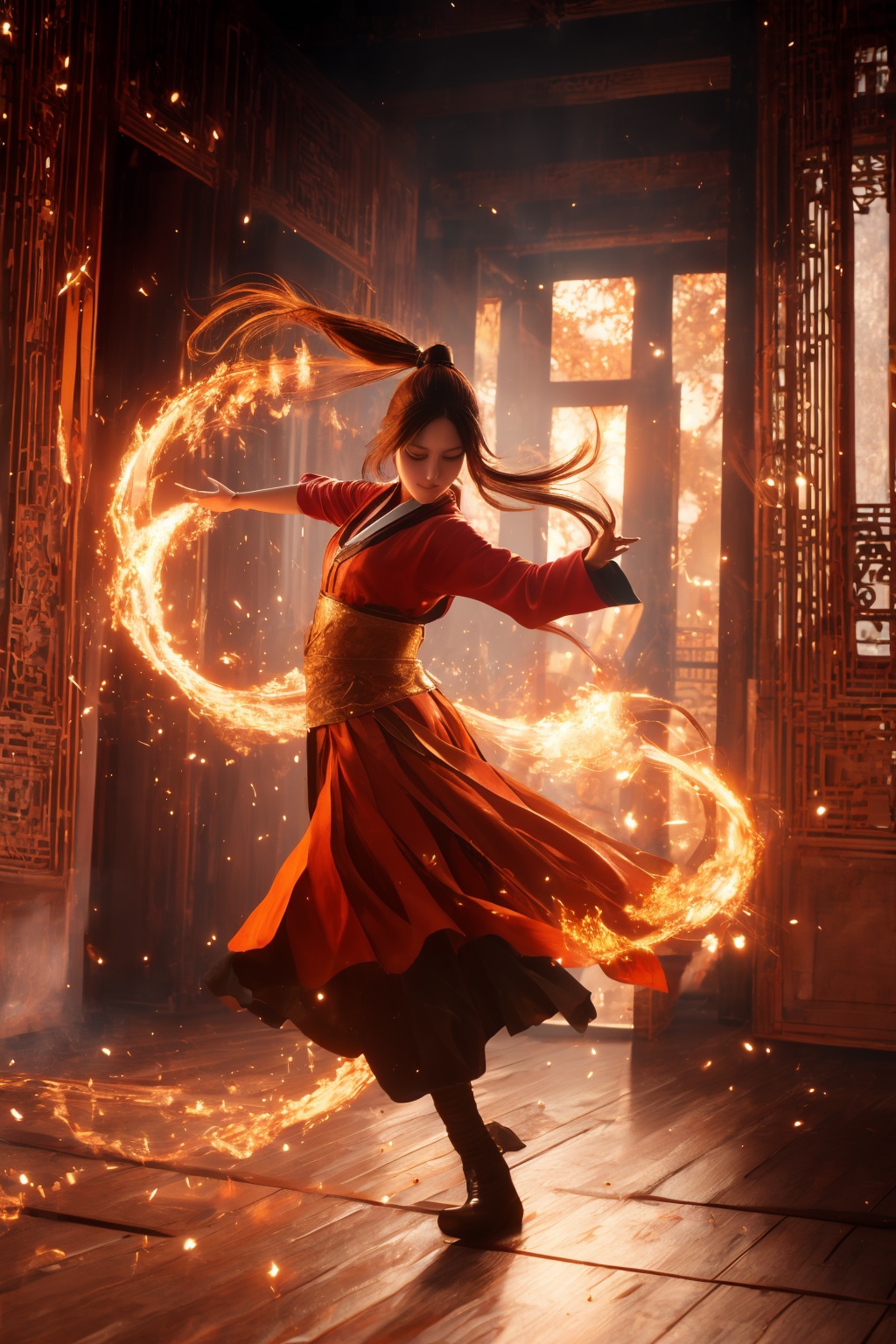 orang-aura,using orang-magic,orang-magic,ancient-costume,dancing,solo,1girl,fire,long hair,ponytail,<lora:magic_fighting_768:0.8>,