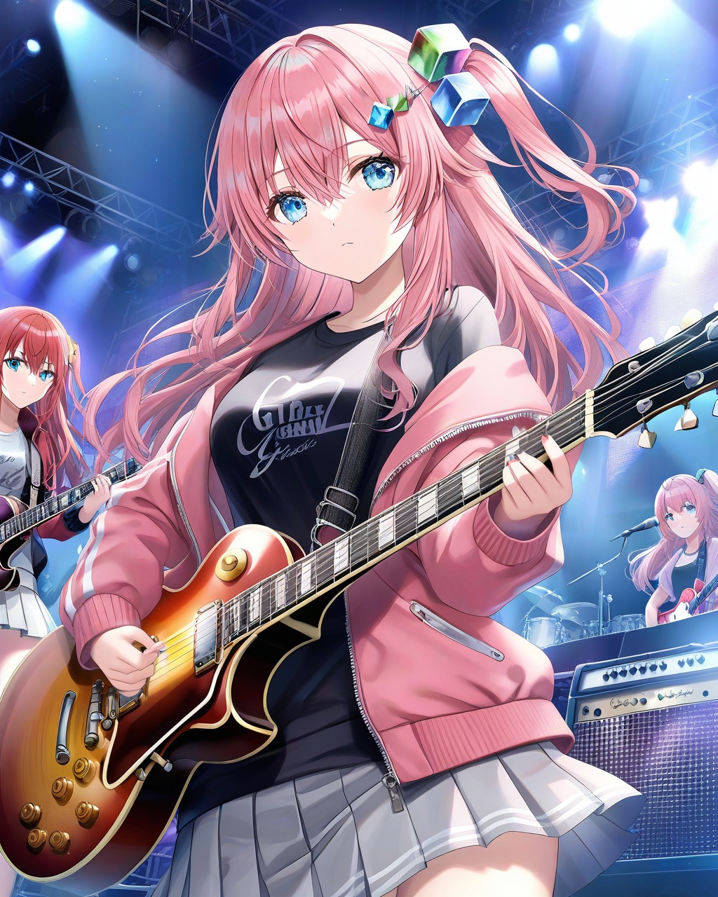 gotou hitori, cube hair ornament, gibson les paul, electric guitar, guitar, pink jacket, instrument, multiple girls, skirt, 2girls, jacket, hair ornament, grey skirt, long hair, pink hair, holding instrument, stage lights, holding, stage, shirt, bangs, pleated skirt, blue eyes, black shirt, looking at viewer, one side up, closed mouth, music, hair between eyes, playing instrument, long sleeves, plectrum, concert, white skirt, breasts, standing, red hair, open jacket, cowboy shot, track jacket, drum, open clothes, t-shirt, aqua eyes, sidelocks, light, solo focus