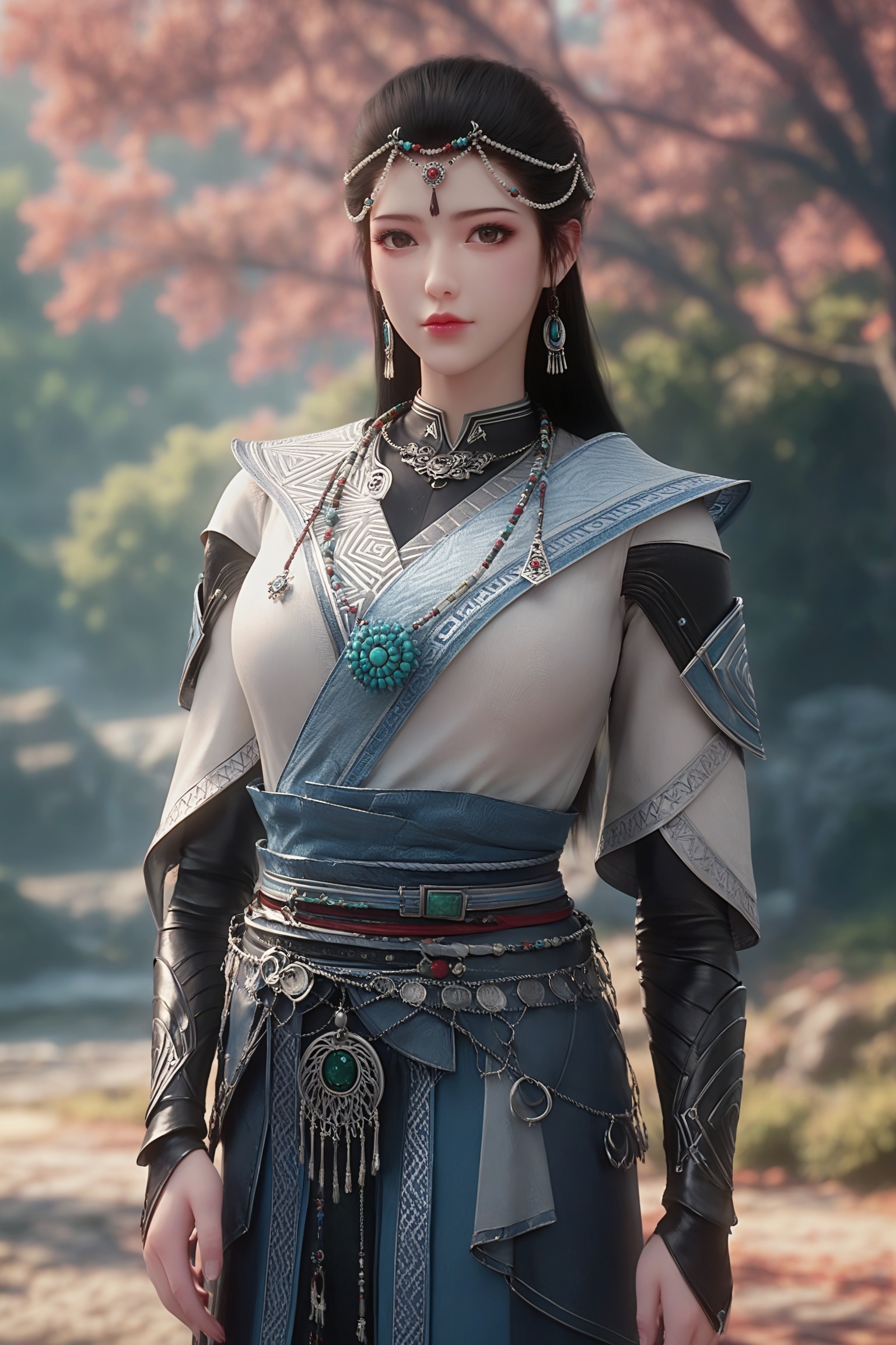 realistic style photo outstanding style,tall,cute,in her teens. Use soft lighting to cast gentle shadows on the subject,adding a touch of dimension to your images without compromising details,score_9,score_8_up,score_7_up,looking at viewer,upper body,< <lora:长生界-诺兰神女Pony:0.7> long,straight black hair,a delicate silver headpiece,wears armor,a high-collared,off-white tunic,knee-length skirt.,