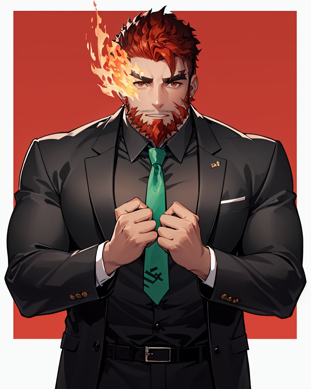 masterpiece,best quality, highly detailed, hephaestus (housamo),eyebrow cut, flaming eye, beard, mature male, formal, bara, muscular male, between pectorals, thick eyebrows, suit, upper body, solo, dark-skinned male, 1boy, large pectorals, scar, alternate costume, looking at viewer, black shirt, green necktie,<lora:hephaestus_(housamo):1>