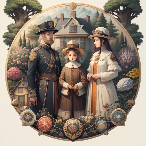 <lora:graphic badge:1>,(graphic badge:1.3),art,person,illustration,man,stand,poster,picture,group,woman,drawing,circle,couple,house exterior,color,photo,family,image,house,hat,festival,design,style,wear,draw,surround,tree,pose,frame,flower,bright,