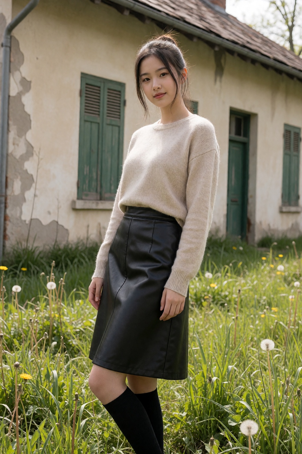 The image is a high-resolution photograph featuring a young Asian woman standing outdoors in front of a weathered,  light...