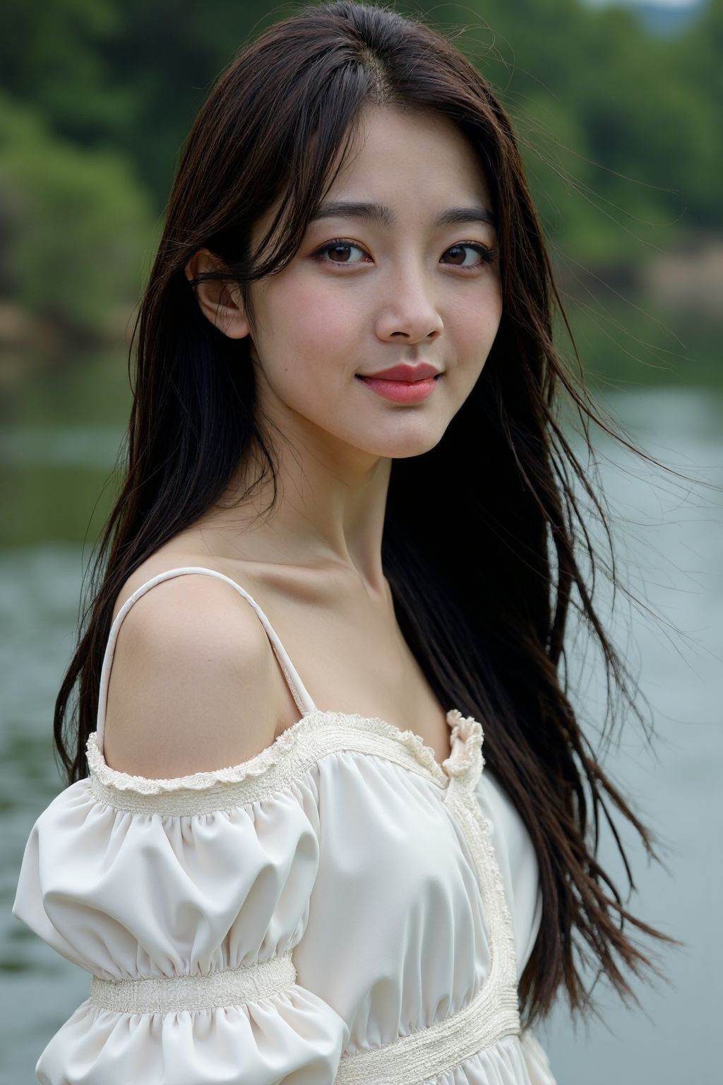 film grain, 1girl, solo, realistic, black hair, looking at viewer, dress, long hair, smile, white dress, brown eyes, photorealistic, upper body, river,