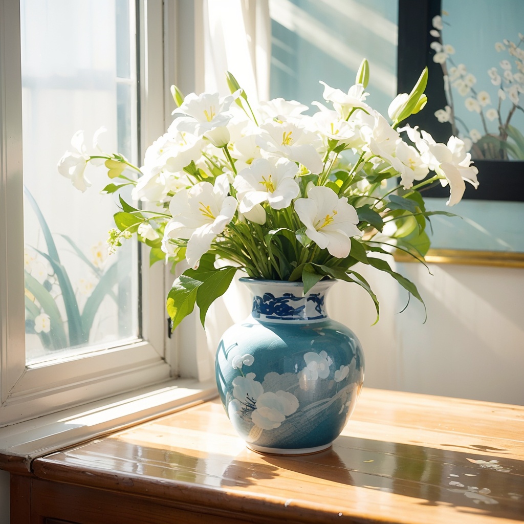 window, (Chinese painting), ((close-up)), white perfume lily, no humans,traditional media,vase, scenery,shadow,still life,leaf,painting,medium,indoors  <lora:窗台:0.8>