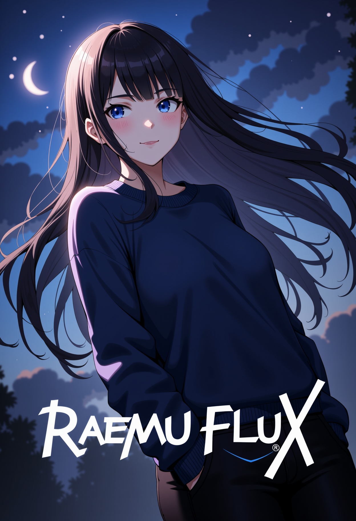This is a digital drawing in an anime art style depicting a young woman with long,  flowing black hair and piercing blue e...