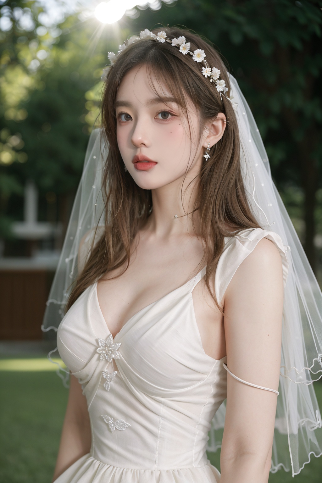 Best Quality,Masterpiece:1.4),(Realism:1.2),(Realisitc:1.2),(Absurdres:1.2),4K,(photorealistic:1.3),Detailed,Ultra-Detailed,1girl,church,lawn,outdoor,wedding,(whole body:1.4),gauze headscarf,((Huge chest)),(Long Wavy Hair),hunsha,veil,Earrings,Jewelry,(SunLight:1.4),Flowers,Hair Ornaments,<lora:YG梦中婚纱2:0.7>,