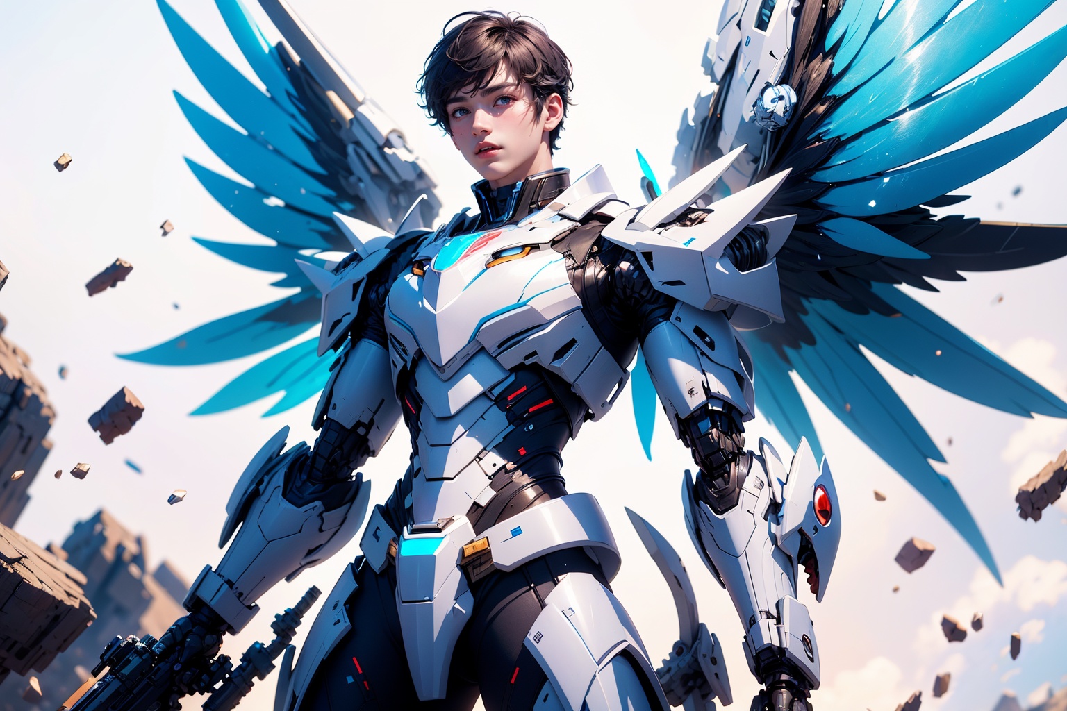 1boy,concept artwork,black hair,(a lonely solo boy:1.4),sky,wing,wings with fans,graphics card fan,strong male mecha warrior,mighty and domineering,cool mecha,32k,blue and white color scheme,white armor,white_background,standing,cowboy_shot,<lora:ASuo_v1:1>,