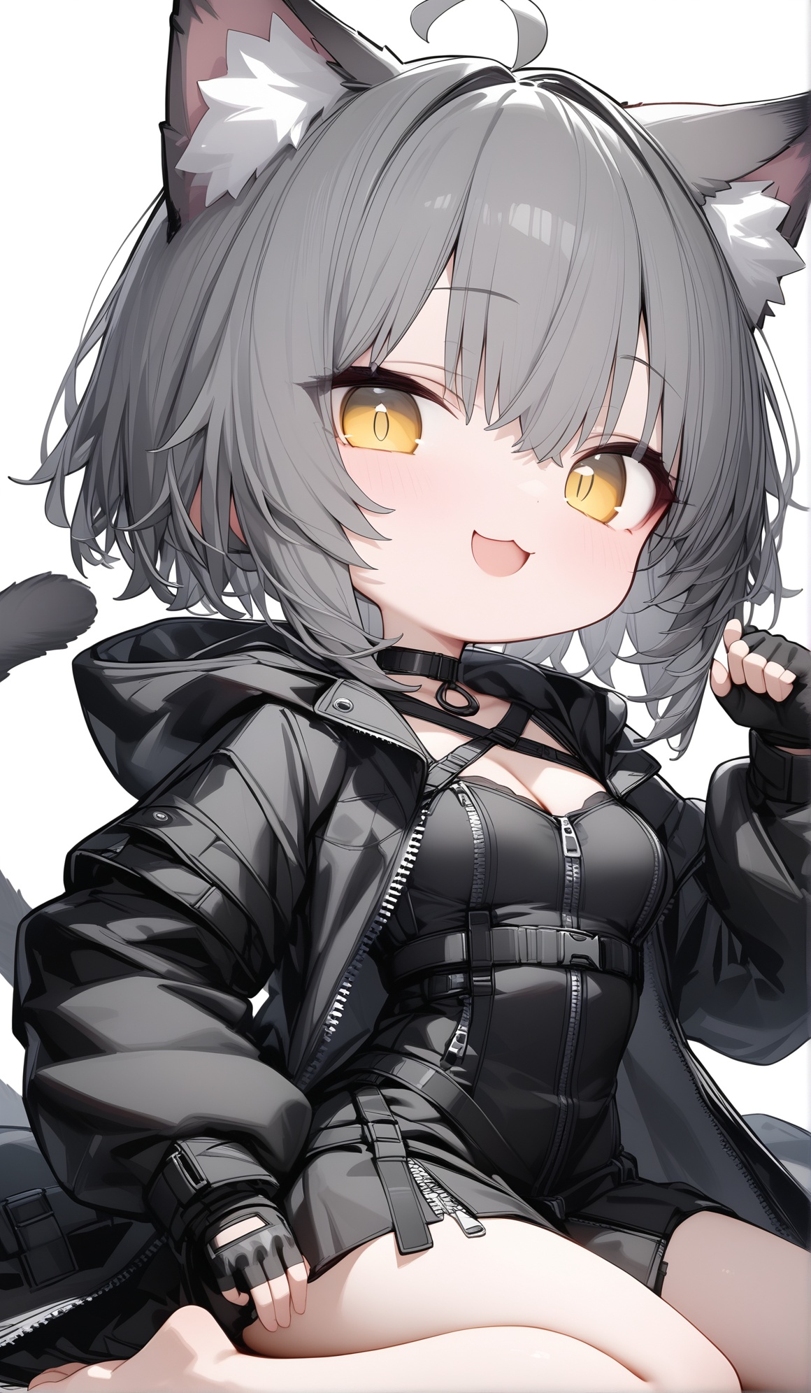 Q,(masterpiece,best quality),close up,cat girl,loli,solo focus,solo,looking at viewer,smile,:3,cool,dynamic posture,gray cat ears,gray cat tail,medium breasts,animal_ear_fluff,gray short hair,yellow eyes,bangs,ahoge,black techwear dress,black hooded jacket,open coat,black special outfit,black mini dress,black jacket,strappy black top,cleavage,black taut coat,multiple buckles,straps,zippers on clothing,black trim,choker,fingerless gloves,black underwear,barefoot,(white background,simple background),